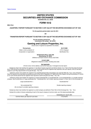 Thumbnail Gaming and Leisure Properties
 10-Q Quarterly Report FY2015 