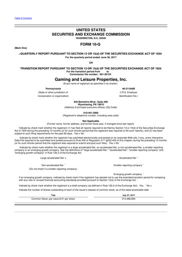 Thumbnail Gaming and Leisure Properties
 10-Q Quarterly Report FY2017 