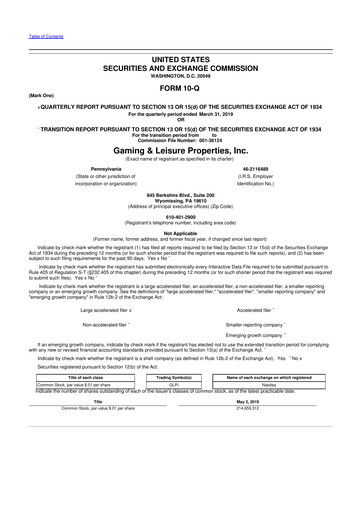 Thumbnail Gaming and Leisure Properties
 10-Q Quarterly Report FY2019 