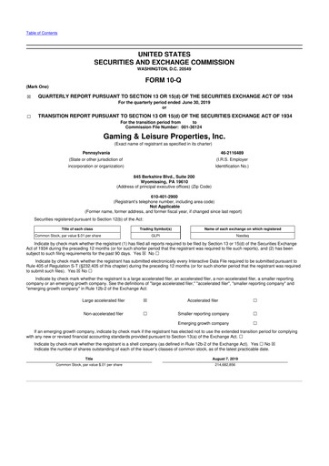 Thumbnail Gaming and Leisure Properties
 10-Q Quarterly Report FY2019 