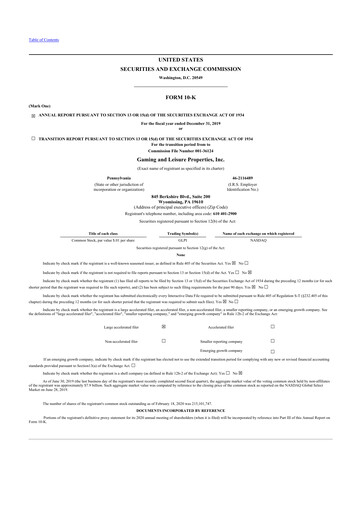 Thumbnail Gaming and Leisure Properties
 10-K Annual Report 2019