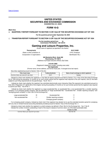 Thumbnail Gaming and Leisure Properties
 10-Q Quarterly Report FY2020 