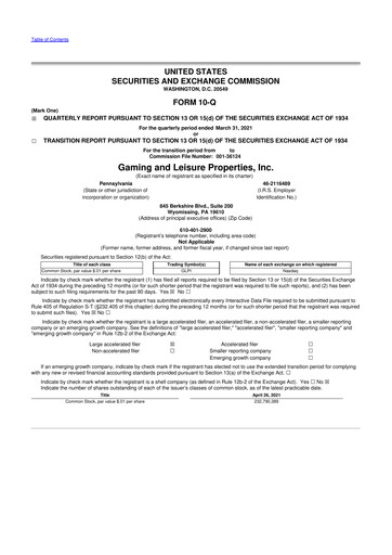 Thumbnail Gaming and Leisure Properties
 10-Q Quarterly Report FY2021 