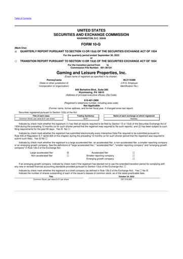 Thumbnail Gaming and Leisure Properties
 10-Q Quarterly Report FY2022 