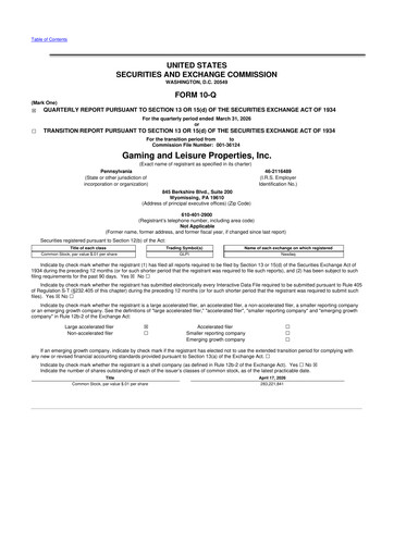 Thumbnail Gaming and Leisure Properties
 10-Q Quarterly Report FY 