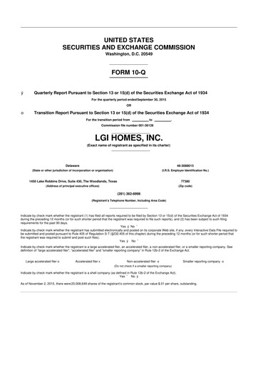 Thumbnail LGI Homes
 10-Q Quarterly Report FY2015 