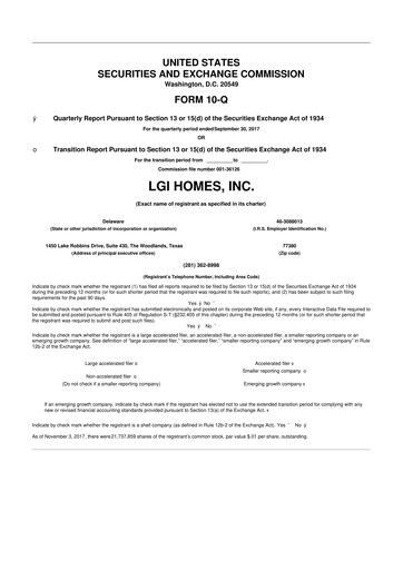 Thumbnail LGI Homes
 10-Q Quarterly Report FY2017 