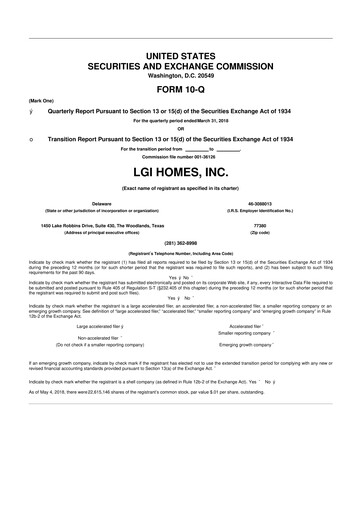 Thumbnail LGI Homes
 10-Q Quarterly Report FY2018 