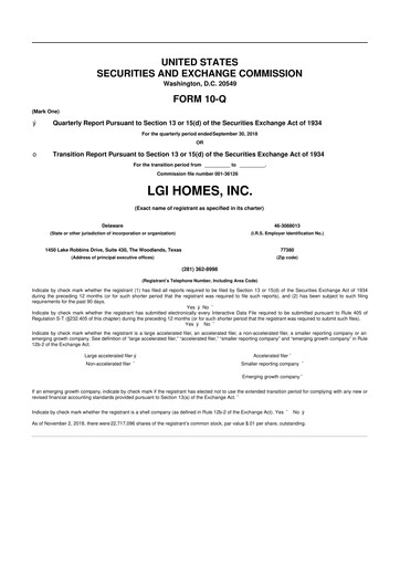 Thumbnail LGI Homes
 10-Q Quarterly Report FY2018 