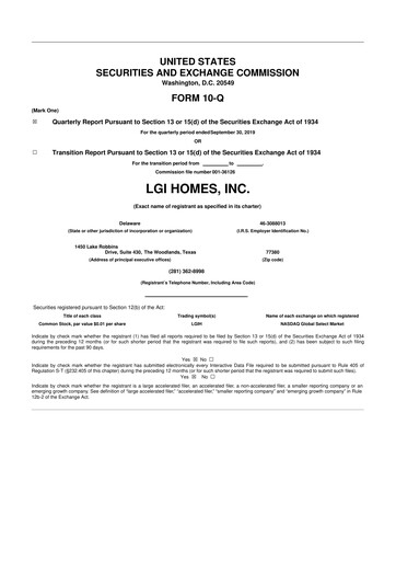 Thumbnail LGI Homes
 10-Q Quarterly Report FY2019 