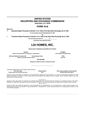 Thumbnail LGI Homes
 10-Q Quarterly Report FY2020 