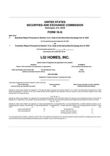 Thumbnail LGI Homes
 10-Q Quarterly Report FY2021 