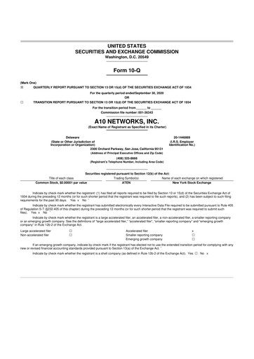 Miniature A10 Networks 10-Q Rapport trimestriel 2020 