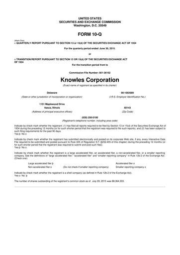 Thumbnail Knowles
 10-Q Quarterly Report FY2015 