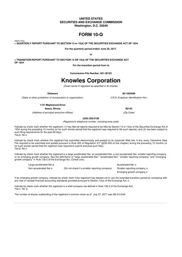 Thumbnail Knowles
 10-Q Quarterly Report FY2017 
