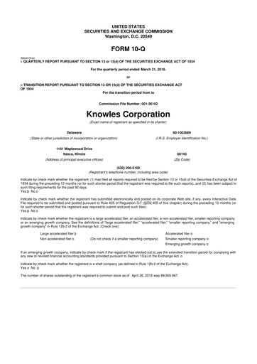 Thumbnail Knowles
 10-Q Quarterly Report FY2018 