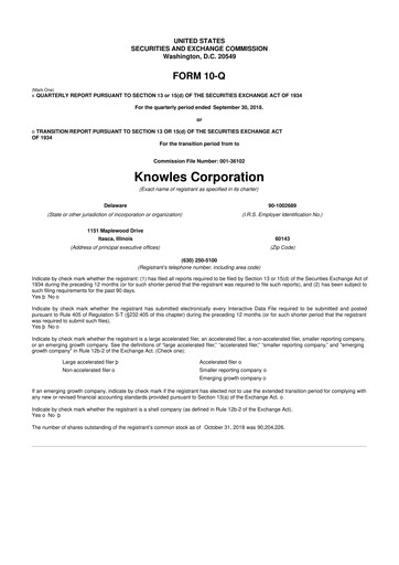 Thumbnail Knowles
 10-Q Quarterly Report FY2018 