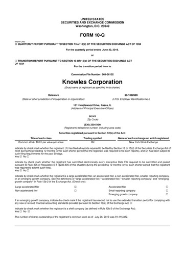 Thumbnail Knowles
 10-Q Quarterly Report FY2019 
