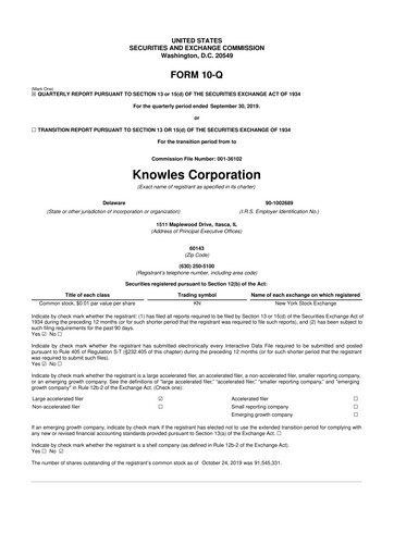 Thumbnail Knowles
 10-Q Quarterly Report FY2019 