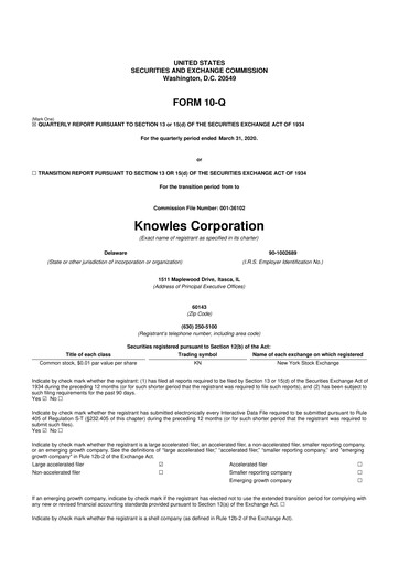 Thumbnail Knowles
 10-Q Quarterly Report FY 