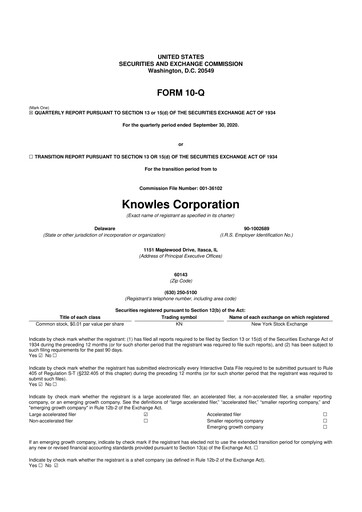 Thumbnail Knowles
 10-Q Quarterly Report FY 