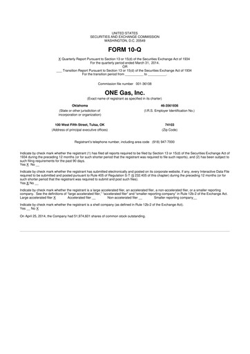 Thumbnail ONE Gas
 10-Q Quarterly Report FY2014 