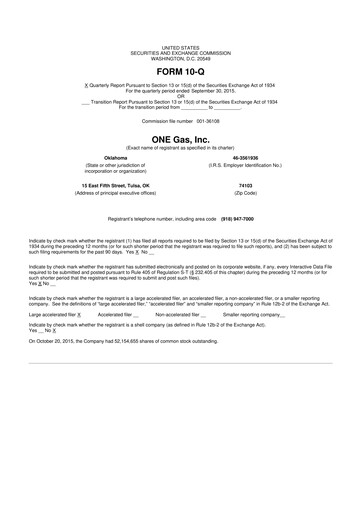 Thumbnail ONE Gas
 10-Q Quarterly Report FY2015 