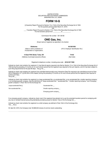 Thumbnail ONE Gas
 10-Q Quarterly Report FY2019 