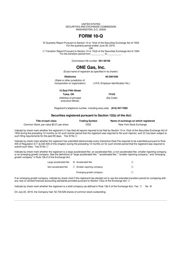 Thumbnail ONE Gas
 10-Q Quarterly Report FY2019 