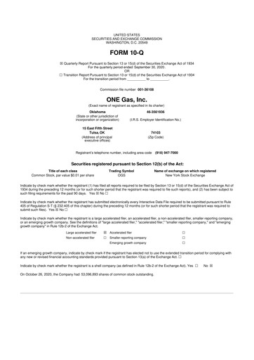 Thumbnail ONE Gas
 10-Q Quarterly Report FY2020 