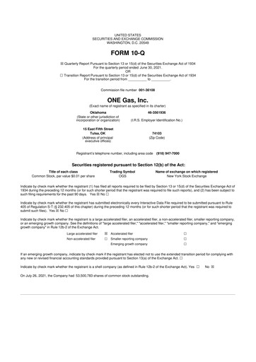 Thumbnail ONE Gas
 10-Q Quarterly Report FY2021 