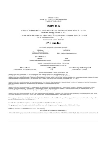 Thumbnail ONE Gas
 10-K Annual Report 2021