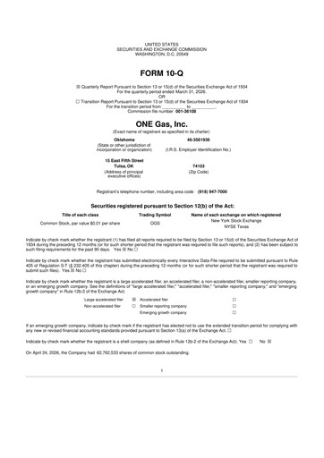 Thumbnail ONE Gas
 10-Q Quarterly Report FY 