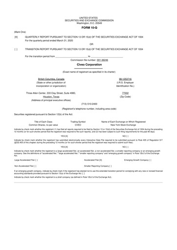 Thumbnail Civeo 10-Q Quarterly Report FY2020 