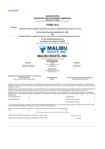 Thumbnail Malibu Boats 10-Q Quarterly Report FY 