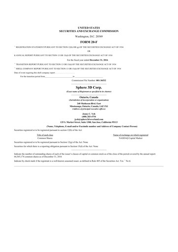 Thumbnail Sphere 3D 20-F Annual Report 2016