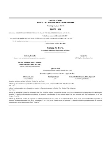 Thumbnail Sphere 3D 10-K Annual Report 2019