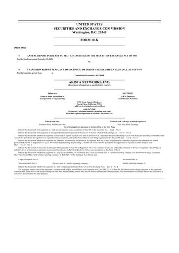 Thumbnail Arista Networks 10-K Annual Report 2016