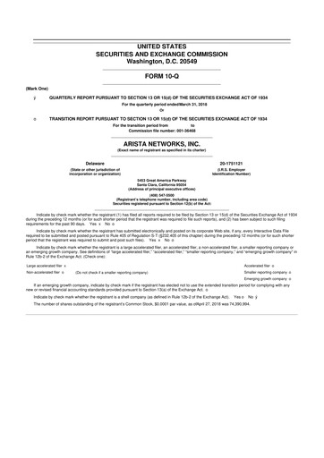 Thumbnail Arista Networks 10-Q Quarterly Report FY2018 