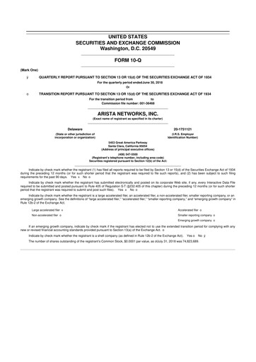 Thumbnail Arista Networks 10-Q Quarterly Report FY2018 