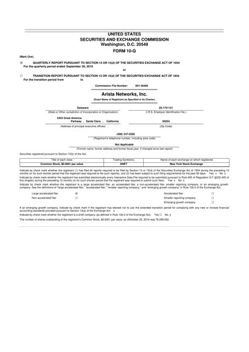 Thumbnail Arista Networks 10-Q Quarterly Report FY2019 