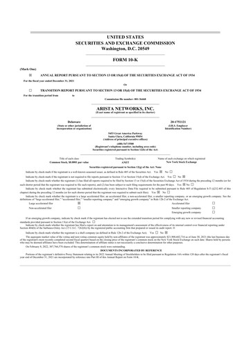 Thumbnail Arista Networks 10-K Annual Report 2021