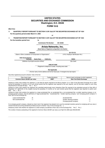 Thumbnail Arista Networks 10-Q Quarterly Report FY 