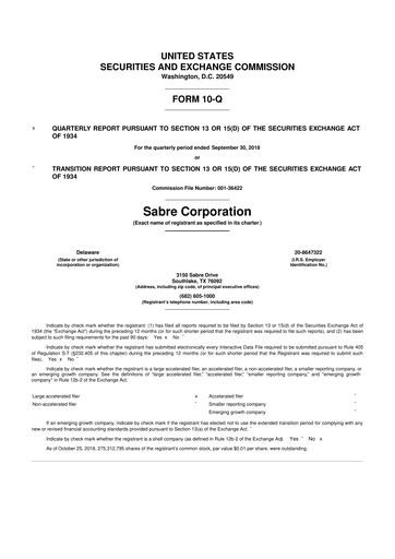Miniature Sabre 10-Q Rapport trimestriel 2018 