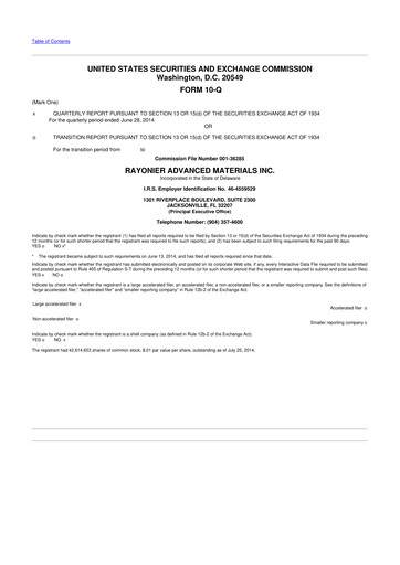 Miniature Rayonier Advanced Materials
 10-Q Rapport trimestriel 2014 