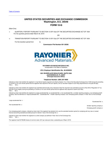 Miniature Rayonier Advanced Materials
 10-Q Rapport trimestriel 2019 