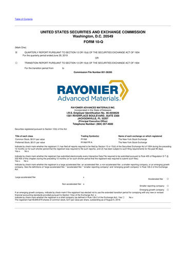 Miniature Rayonier Advanced Materials
 10-Q Rapport trimestriel 2019 