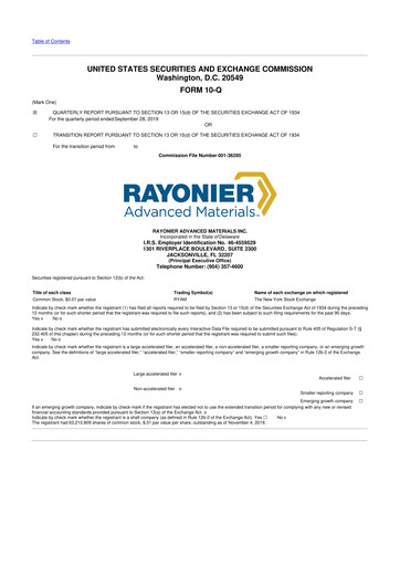 Miniature Rayonier Advanced Materials
 10-Q Rapport trimestriel 2019 