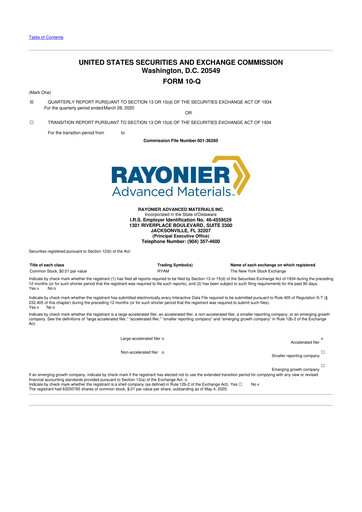 Miniature Rayonier Advanced Materials
 10-Q Rapport trimestriel 2020 