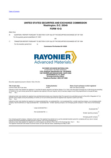 Miniature Rayonier Advanced Materials
 10-Q Rapport trimestriel 2021 